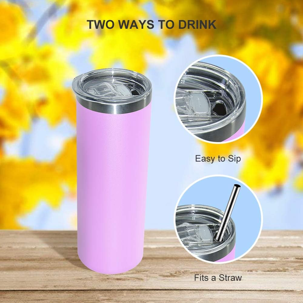 20 Oz Skinny Insulated Tumbler, Stainless Steel Travel Tumbler Cup with Spillproof Lid and Metal Straw, Vacuum Double Wall Matte Pastel Coffee Tumbler for Drinks, Teas, Beverages