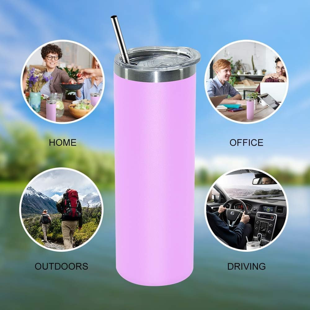 20 Oz Skinny Insulated Tumbler, Stainless Steel Travel Tumbler Cup with Spillproof Lid and Metal Straw, Vacuum Double Wall Matte Pastel Coffee Tumbler for Drinks, Teas, Beverages