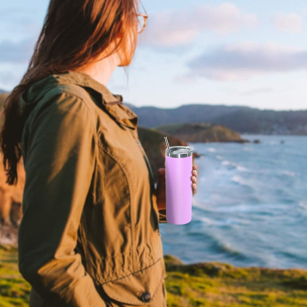 20 Oz Skinny Insulated Tumbler, Stainless Steel Travel Tumbler Cup with Spillproof Lid and Metal Straw, Vacuum Double Wall Matte Pastel Coffee Tumbler for Drinks, Teas, Beverages