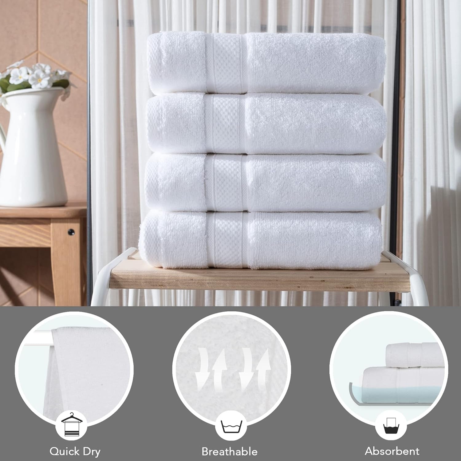 - Hotel Quality Turkish Towel Set for Bathroom (4 Pcs Hand Towel Set, Pure White)