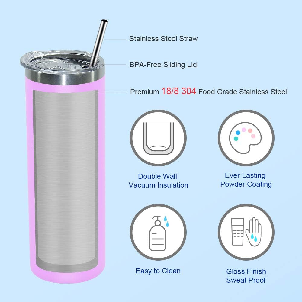 20 Oz Skinny Insulated Tumbler, Stainless Steel Travel Tumbler Cup with Spillproof Lid and Metal Straw, Vacuum Double Wall Matte Pastel Coffee Tumbler for Drinks, Teas, Beverages